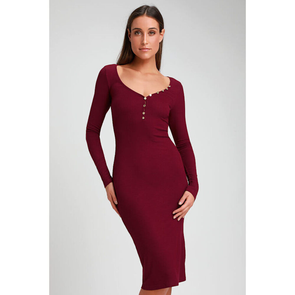 Lulus Crestline Burgundy Ribbed Long Sleeve Bodycon Midi Dress Purple - Size XS